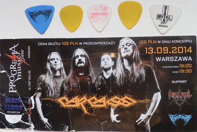 Carcass, bilet i kostki gitarowe, Warszawa 13.09.2014, fot. Mikele Janicjusz